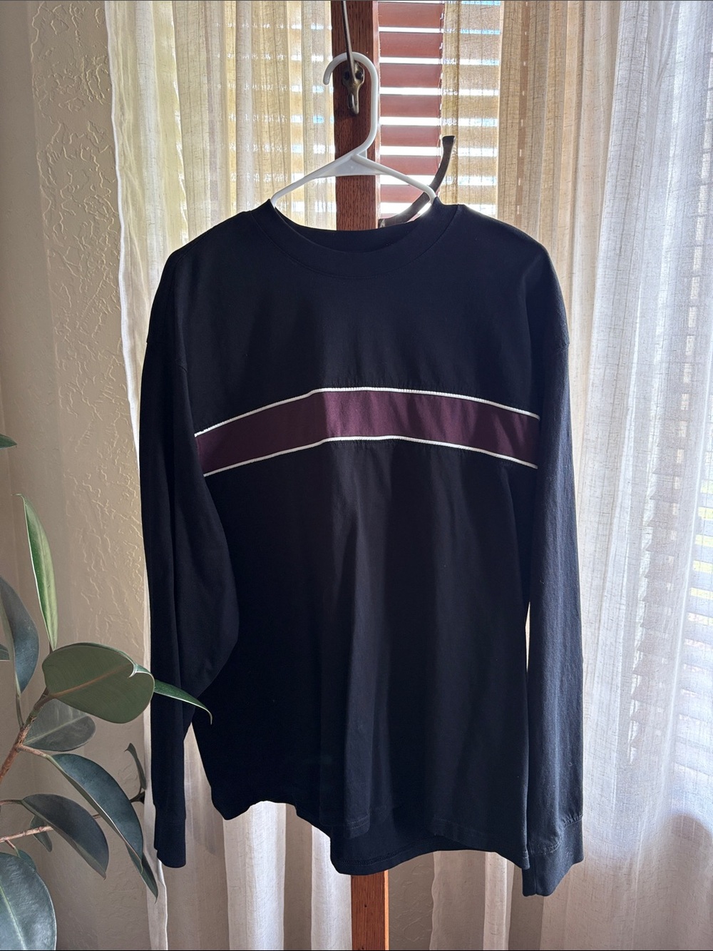 Old Navy Black Long-Sleeve Crewneck with Burgundy Chest Stripe